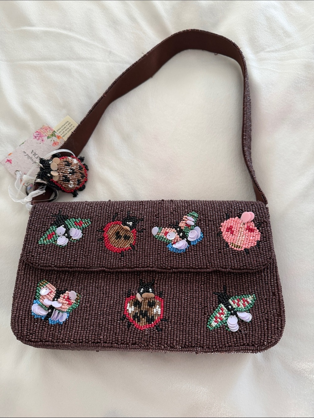 Beaded Brown Shoulder Bag with Colorful Sequin Bug Motifs